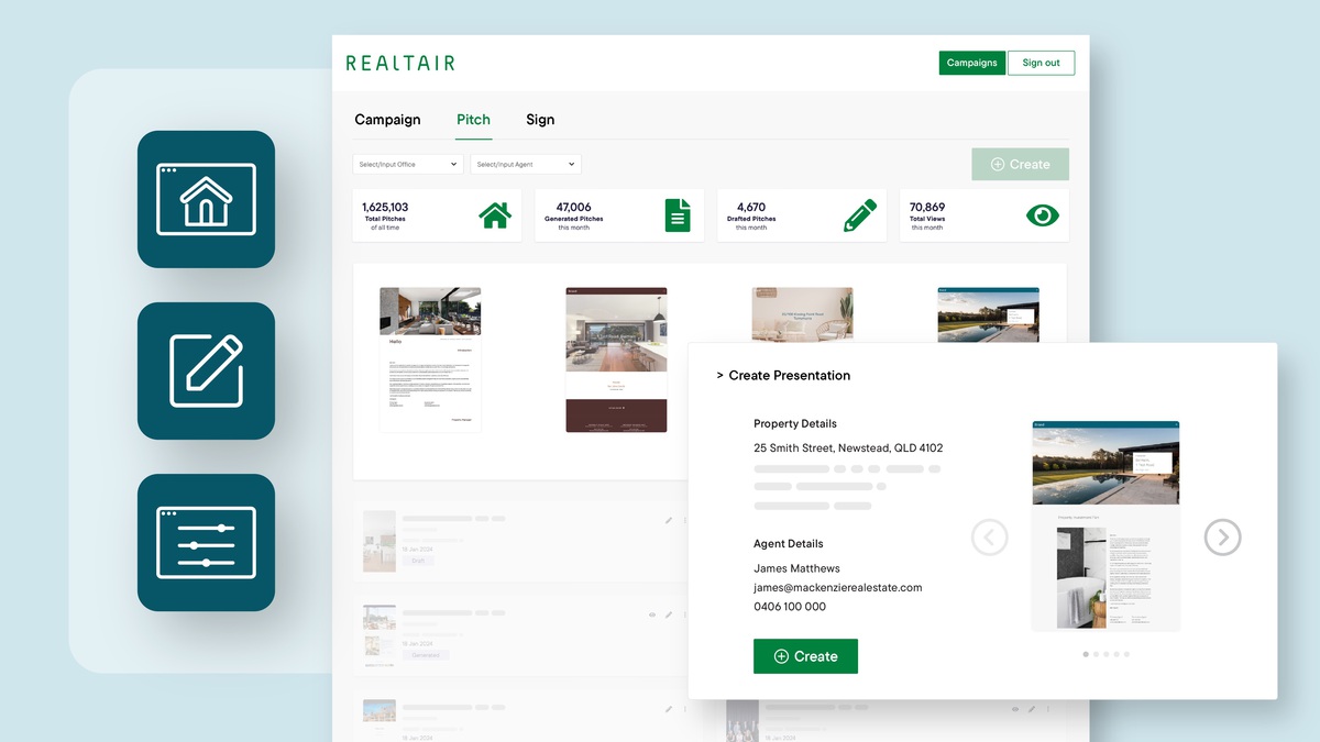 Realtair Dashboard showcasing how easy it is to send and create proposals