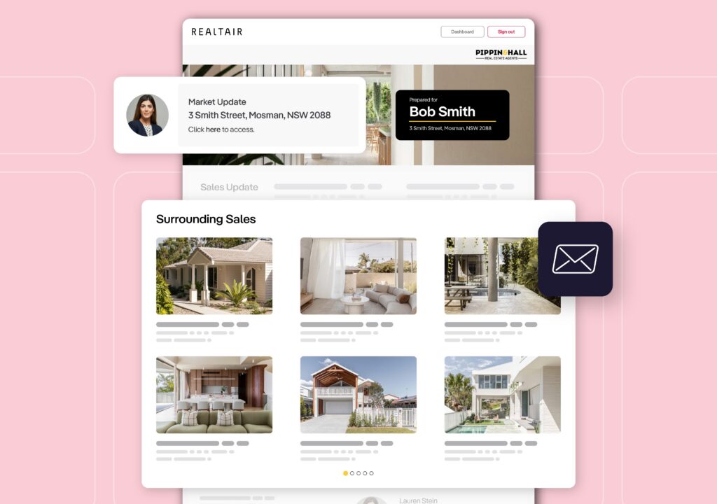 Realtair’s Market Update feature helps real estate agents nurture vendors with relevant property insights, sent automatically by SMS or email. With built‑in notifications and consistent delivery, agents can focus on the right conversations — with up to 1 in 10 updates converting to an appraisal.